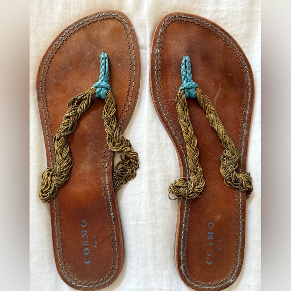 Cosmo Paris brown leather sandals w chain & cord thong. Bought in Canne, France